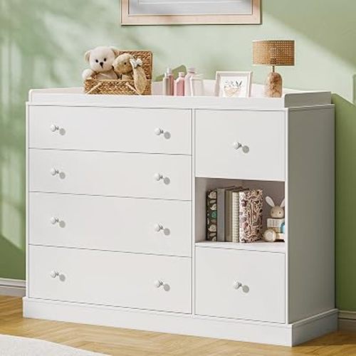 Kids Dresser Cabinet with 6 Drawers, Changing Table for Nursery with Shelf, Multi-Functional Chest of Drawers, Kids Bedroom Furniture, Nightstand for Children's Room, White