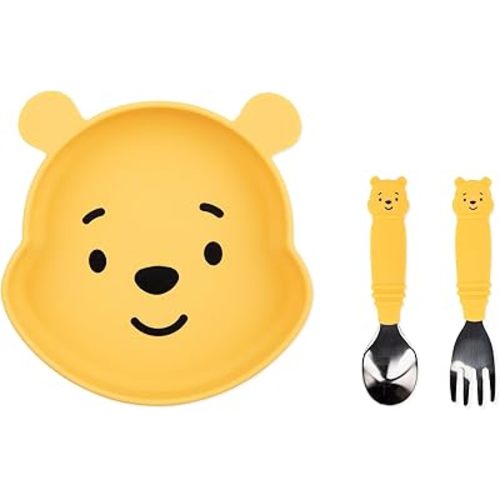 Bumkins Disney Winnie the Pooh - Silicone Grip Dish, Fork & Spoon - For Ages 18 Months+ - Suction Base - 100% Food-Safe Silicone - Freezer, & Dishwasher Safe