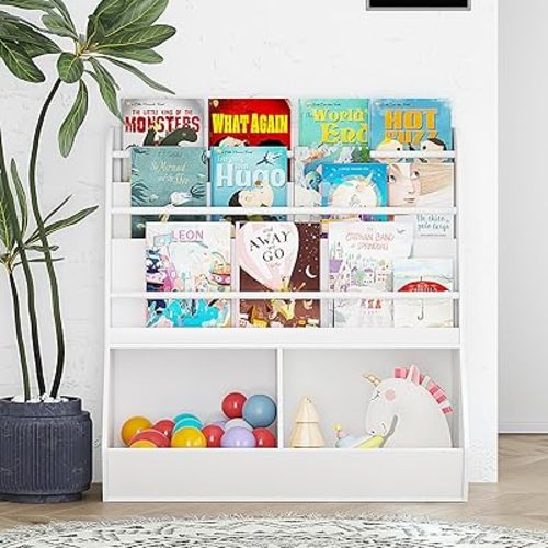 UTEX Kids Bookshelf and Toy Storage, Toy Storage Organizer and Book Rack, Toddler Bookshelves Display Stand, Book Shelf for Kids Rooms, Nursery, Bedroom, White