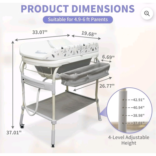 Linor 2 in 1 Bathtub with Changing Table, Waterproof Diaper Changing Station Portable Changing Table Adjustable Height Nursery Organizer with Storage Racks
