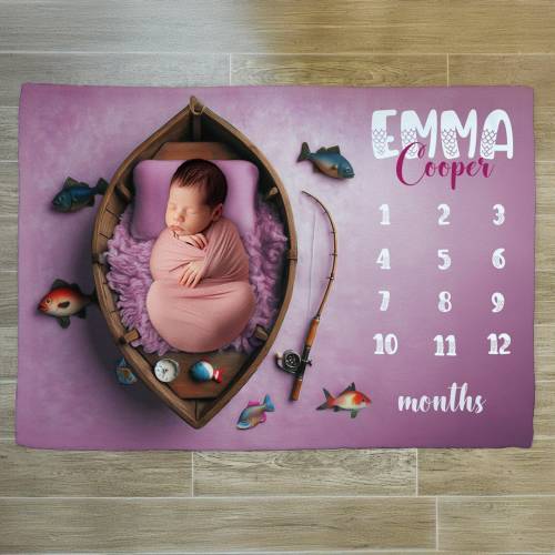 Personalized Fishing Baby Girl Milestone Blanket: Monthly Photo Prop
