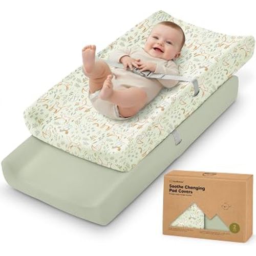 2-Pack Organic Changing Pad Covers for Girl, Boy, 100% Cotton (Foxtrot) | 34x18, Soft Diaper Changing Table Pad Cover, Contour Baby Changing Pad Sheets, Gender Neutral Liners, Nursery Dresser, Fitted