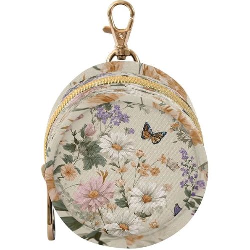Pacifier Holder with Clip Pacifier Case for Diaper Bag Round Baby Pacifier Pouch Box Bag Portable Beige Flowers and Butterflies Spring