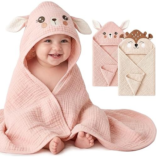 Konssy 2-Pack Muslin Baby Hooded Towels