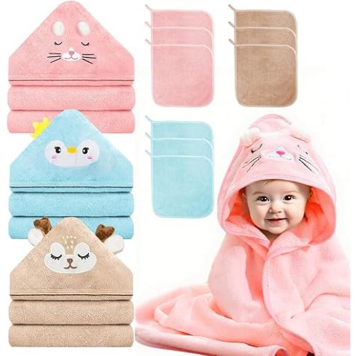 12 PCS Hooded Baby Towel Set, 32x32 Inch Absorbent Baby Bath Towels, 3 PCS Soft Hooded Towels & 9 PCS Washcloths, Ideal for Newborns, Toddlers, and Babies – Baby Bath Essentials (Pink + Brown + Blue)