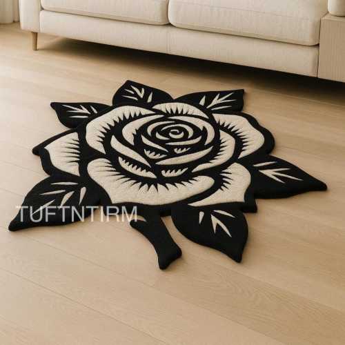Monochrome Rose Tattoo Art Rug Handmade Tufted Irregular Gothic Statement Floor Decor Carpet Floral