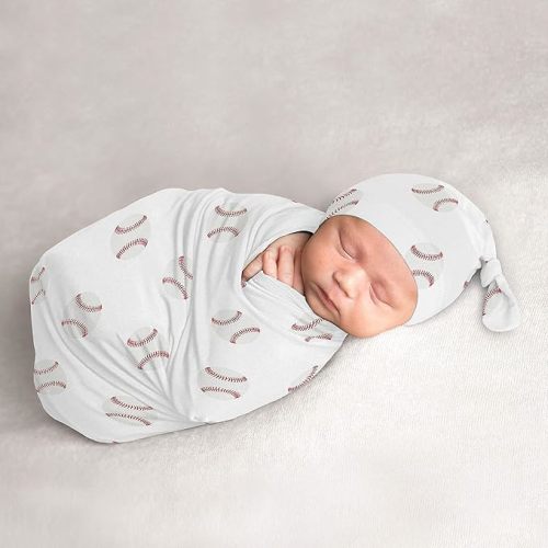 Sweet Jojo Designs Baseball Baby Boy Cocoon and Beanie Hat 2pc Set Jersey Stretch Knit Sleeping Bag for Infant Newborn Nursery Sleep Wrap Sack - Red and White Americana Sports