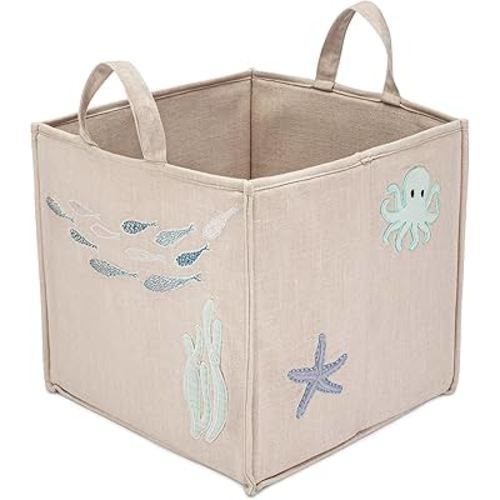 Crane Baby Fabric Nursery Storage Basket, Toy Storage, Sea Life Theme, 14"x14", Toy Basket, Baby Storage Organizer, Toy Organizers and Storage Bins, Baby Organizers and Storage, Toy Bins