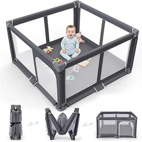Foldable Baby Playpen - 50"x50" Safety Play Yard for Babies & Toddlers - Indoor & Outdoor Use with Carry Bag - Collapsible, Portable Play Yard, Dark Gray