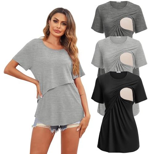 Ekouaer Women's Maternity Shirts Short Sleeves Nursing Tops 3 Pack Double Laye Breastfeeding Tees Pregnancy Clothes S-XXL
