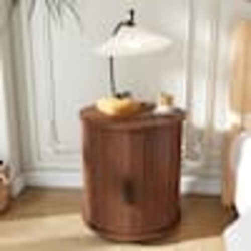 Noble House Baldric Modern Walnut Wood Cylinder Bedside Table Nightstand with Sliding Door, 2-Tier Storage, Charging Station 172914