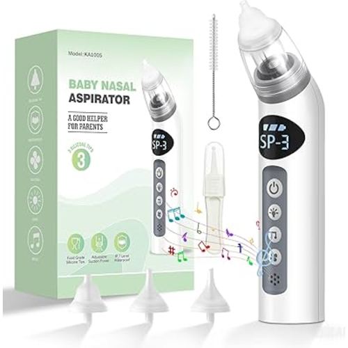 Bivni Baby Nasal Aspirator,IPX7 Waterproof Electric Nasal Aspirator for Baby,with 3 Silicone Tips, Adjustable 3 Levels Suction,8 Light Soothing Function & Music