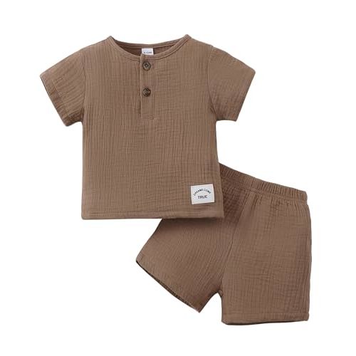 Jecson Toddler Boy Summer Outfits Cute Baby Boy Outfits 2 Piece Set Crew Neck Button Top and Solid Shorts 6M-3T
