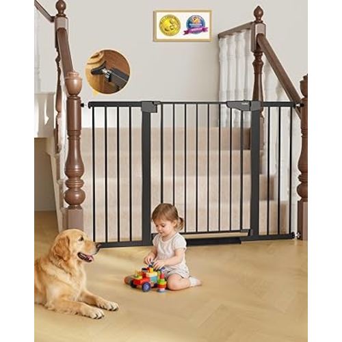Cumbor 29.7"–51.5" Extra Wide Baby Gate for Stairs, Pressure-Mounted Dog Gates for Doorways & Hallways, Auto-Close Walk-Through, No-Trip Design, Child Proof Safety, Dog/Pet Gate for Indoor Use, Black