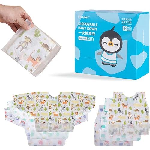 Disposable Baby Gown, 10 Pcs Long Sleeve Eating Smock (Cow)