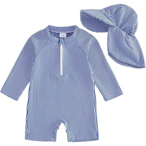 Gueuusu Baby Boys Girls Swimsuit One Piece Striped Zipper Bathing Suit Rash Guard Long Sleeve Seersucker Swimwear Sunsuit