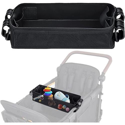 Stroller Snack Tray Compatible with Wonderfold Wagon - Upgraded with Extra Thick Base, Waterproof Faux Leather Sides & Side Mesh Pockets for Added Durability (W2 Series Thickened)
