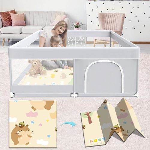 Fshibila Baby Playpen with Mat, Baby Playard for Toddlers, Sturdy Safety Play Yard with Soft Breathable Mesh, Anti-Fall, 50 * 50 * 27 inches Grey