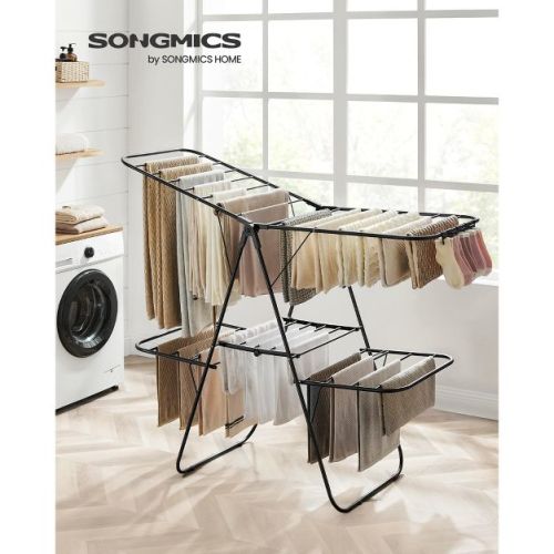 SONGMICS Clothes Drying Rack Foldable 2-Level Laundry Drying Rack, Free-Standing Large Drying Rack with Height-Adjustable Wings 33 Drying Rails Black