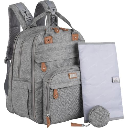 BabbleRoo Extra Large Diaper Bag Backpack, Expandable Baby Bag with Up to 50% More Capacity - Travel Essentials Baby Bag Tote with Changing Pad, Stroller Straps & Pacifier Case - Unisex, Light Gray