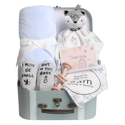 Baby Shower Gifts, Baby Boy Gifts Basket Includes Newborn Blanket Baby Lovey Security Blanket Wooden Rattle Toy, Funny Baby Bibs Socks & Greeting Card - Baby Gift Set Newborn Shower Basket