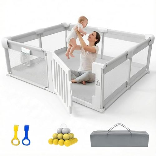 71" ×59" Baby Playpen with Gate, Large Baby Play Pen for Babies and Toddlers, Infant Fence Play Yard with Door for Living Room, Anti-Fall, Breathable Mesh