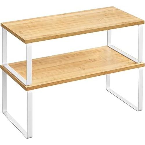 SONGMICS Cabinet Organizer Shelf, Set of 2 Kitchen Counter Shelves, Kitchen Storage, Spice Rack, Stackable, Expandable, Metal and Engineered Wood, Cloud White and Natural Beige UKCS200W01