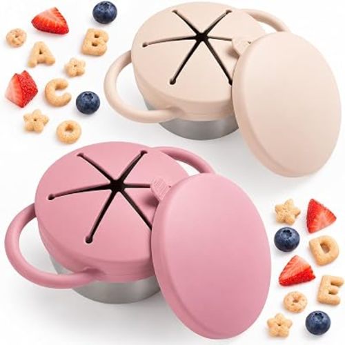 Bufilea 2 Pack Snack Containers for Toddlers, Stainless Steel Toddler Snack Cups with Silicone Food Catcher & Lids,Snack Cups for toddlers Spill Proof