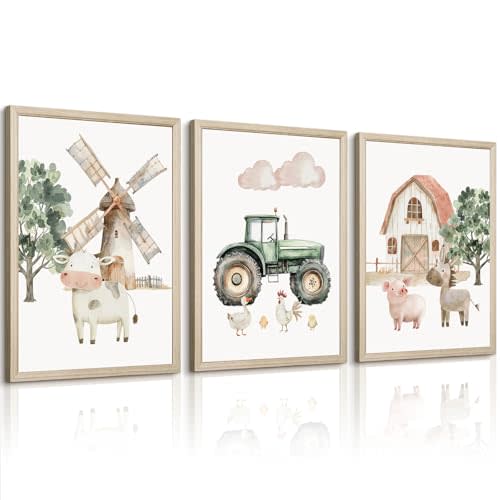 Nursery Farm Animal Wall Art Decor Baby Animal Canvas Prints Nursery Kids Farmhouse Poster Farm Cow Pig Pictures Wall Decor Green Tractor Painting Artwork for Children Bedroom 12x16 Inch Framed 3Pcs