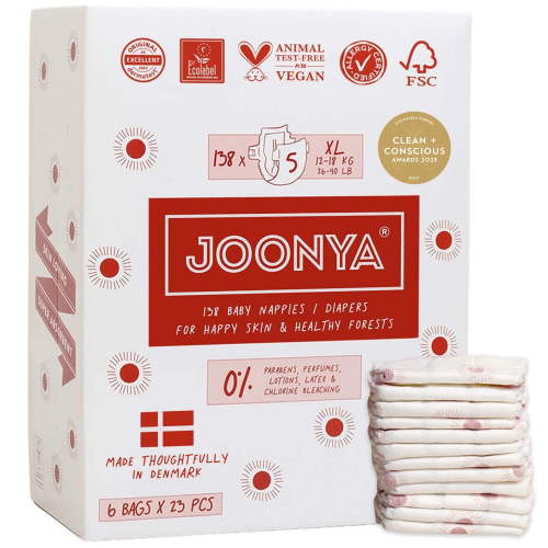 Joonya Baby Diapers - NonToxic, Eco-Friendly, Ultra Slim, Overnight Use - Bulk Disposable Eco Diapers - Made in Denmark -Size 5 XL (26-40 lb) - 6 Bags of 23 (138)
