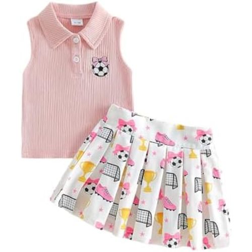Toddler Girl Soccer Outfits Trophy Bow Soccer Sleeveless Polo T-shirt Tops And Pleated Skirt 2Pcs Baby Summer Clothes