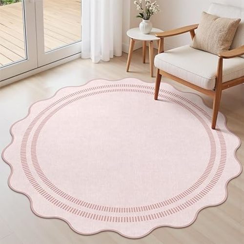 Washable 5ft Area Rugs for Living Room, Solid Pink Non Slip Rugs for Bedroom Girls, Stain Resistant Scalloped Soft Carpet for Nursery Dorm Dining Room