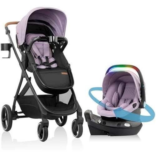 Evenflo Shyft Intuiti+ Travel System Featuring Revolve180 LiteMax NXT Preemie and Infant Car Seat with SensorySoothe and Green & Gentle (Agate Purple)