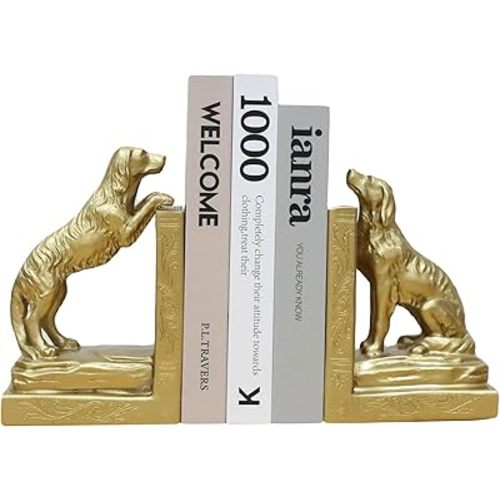 Dog Book Ends for Shelves - Gold Bookends for Heavy Books - Creative Resin Animal Stopper to Decorative Vintage Home Bookshelf Table Office Desk, Figurine Decor Gifts for Book Lover
