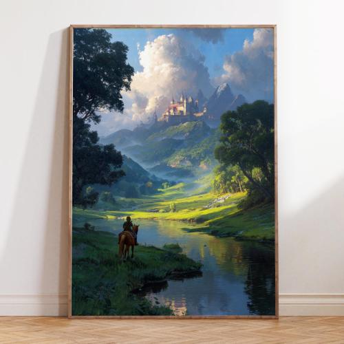 The Legend of Zelda Oil Painting – Fantasy Castle Landscape Art, Hyrule Adventure Wall Decor