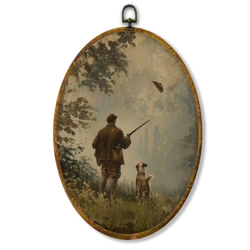 Hiuwevt Vintage Rustic Farmhouse Oval Wall Art Decor, Country Hunting Framed Canvas Prints, Moody Forest Hunter and Dog Oval Wall Hanging Decor for Bedroom Living Room Decorations, 8.6x11.4 Inches
