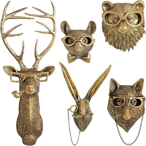 GUASDIE Animal Heads Wall Decor, Faux Deer Head Mount, Animal Sculptures Wall Decor, Resin Animal Head Wall Hanging Decoration for Living Room Bedroom Kitchen Gift,5pcs, 1587574779-65291236