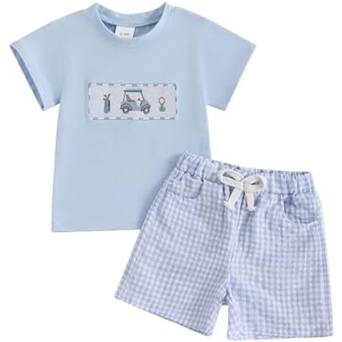 Baby Boy Golf Outfit Hole in One Golf Cart Embroidered Patches T Shirt Gingham Boxer Shorts Boy Summer Sport Clothes