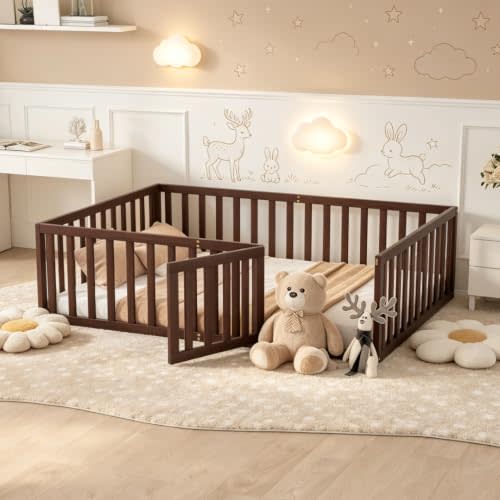 Bellemave Full Size Montessori Floor Bed with 21.7" High Rails, Pine,Plywood Floor Bed with Small Door, Walnut