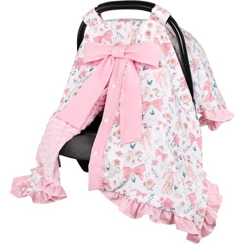 Baby Car Seat Cover, Soft Minky Warm Winter Car Seat Canopy with a Bow for Infants & Toddlers, Opening with Adjustable Strap, Breathable Nursing Cover & Stroller Blanket, Pink
