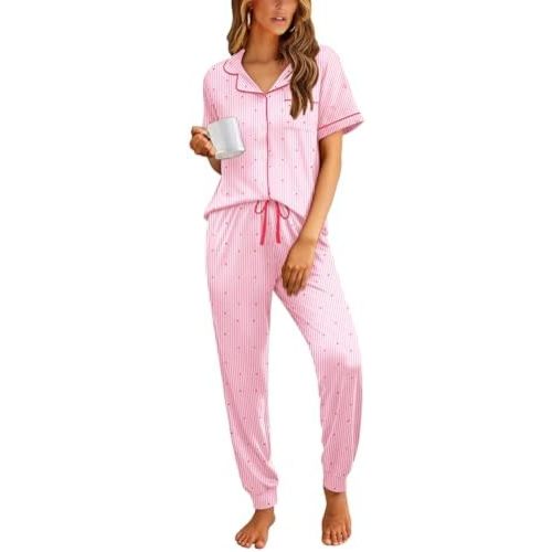 Ekouaer Women Pajama Set Short Sleeve Button Down Pjs Soft Comfy Sleepwear Nightwear with Jogger Pants