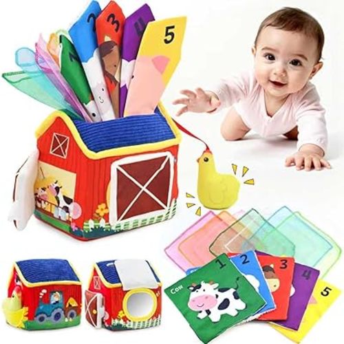 weirtoya Baby Tissue Box Toy-Montessori Sensory Activity Center for 6-18 Months,Farm Animals, Squeaky Sounds, Safety Mirror Play Silks, Top Choice for Baby Registry, Easter Baskets & Birthday Gifts