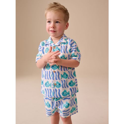 White/Blue Sea All Over Print Short Sleeve Revere Collar Shirt & Shorts Set (3mths-10yrs)