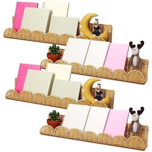 Pinkunn 4 Pcs Nursery Book Shelves 23.6 Inch Rattan Scalloped Floating Bookshelves Wicker Boho Book Shelf for Wall Mounted Decor Nursery Rooms Hanging