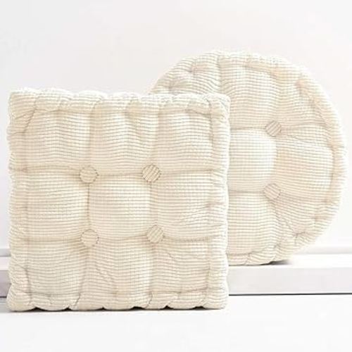 Meditation Floor Pillow Set of 2 Large Square and Round Floor Cushions for Adults Ivory Corduroy Floor Seat Pillows Cushion for Living Room Balcony Tatami Yoga,18x18 Inch