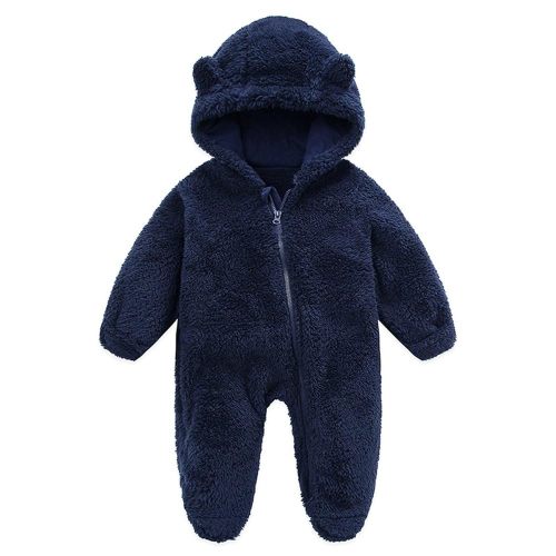 2024 Infant Toddler Snowsuit Cute Baby Bear Suit Newborn Winter Coat Warm Hooded Solid Color Jumpsuit for Boys Girls Navy 0-3 Months