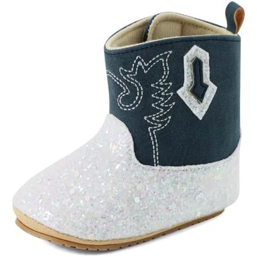 ESTAMICO Baby Girls Embroidery Western Cowgirl Boots Infant Sequin Leather Cowboy Booties Round Toe Ankle High Hook and Loop Shoes
