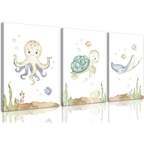 Ocean Nursery Wall Art Set of 3 Sea Animal Baby Boys Room Canvas Prints | Watercolor Ocean Kids Nursery Wall Decor Paintings Under The Sea Picture for Boys and Girls Room Bedroom 12x16 inch Framed