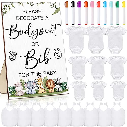 Roowest 35 Pcs Baby Shower Bibs Games Design Wooden Baby Shower Party Game Sign DIY Bodysuit Sign 15 White Blank Bibs 9 Bodysuit 10 Markers for Party Supplies(Jungle)