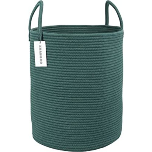XUANGUO Cotton Rope Laundry Basket Hamper for Clothes Woven Storage Basket for Living Room Bedroom Boho Tall Rope Baskets for Blanket Toys Pillow Towels Baby Nursery Hamper Bin Large dark green